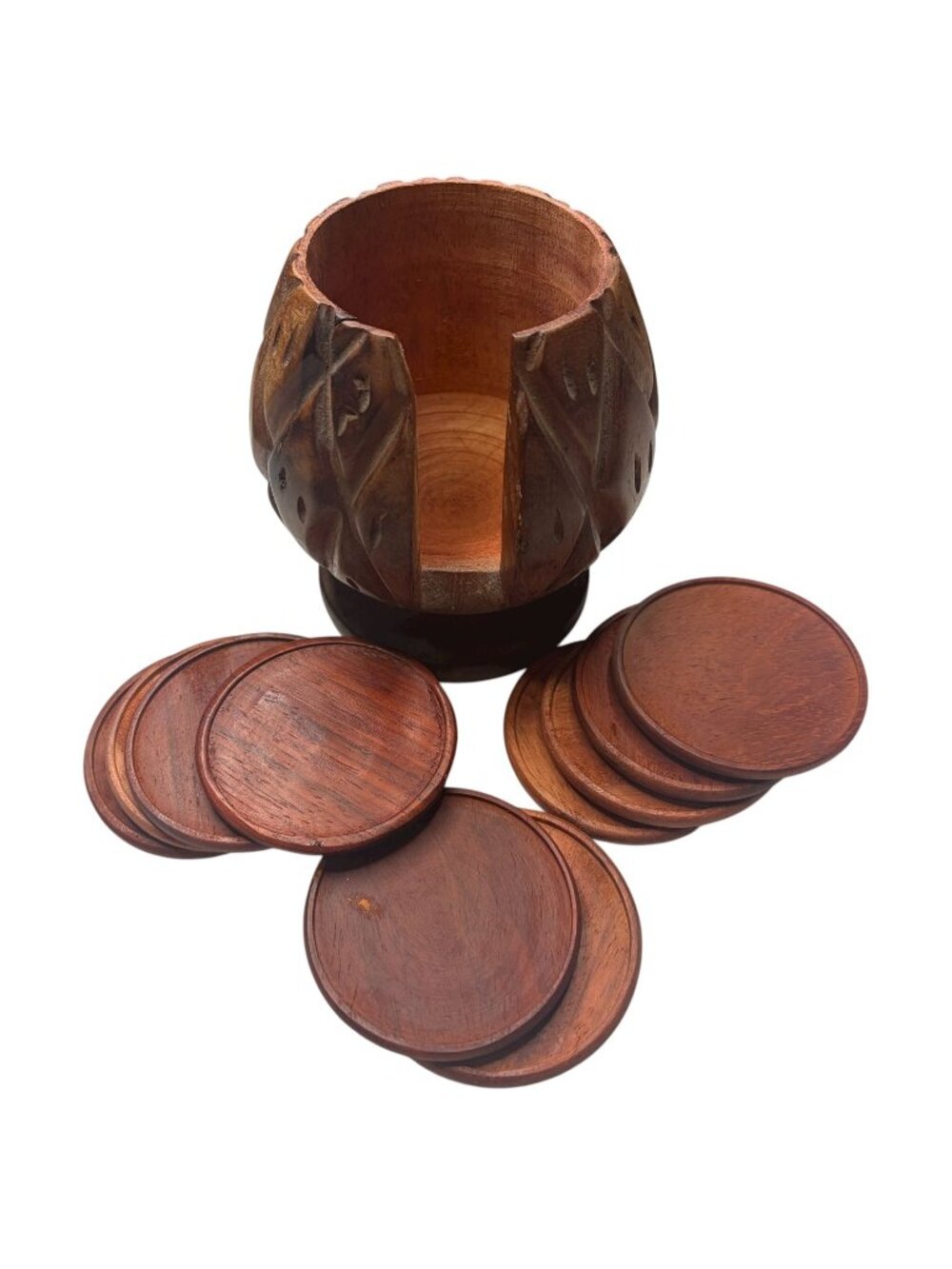 Vintage Hand-Carved Wood Pineapple Coaster Set with Holder Mid Century Tiki Boho